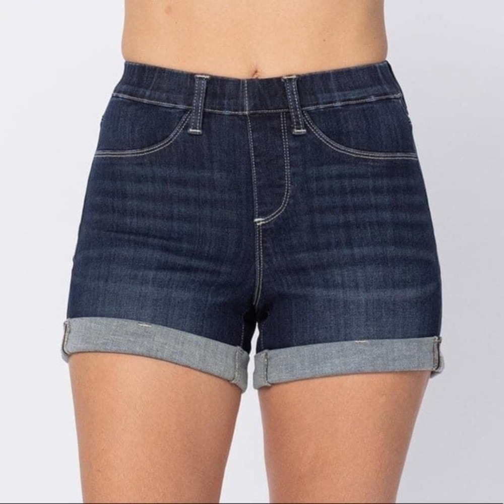 Judy Blue Pull On Denim‎ Shorts Dark Wash Cuffed Women Size M